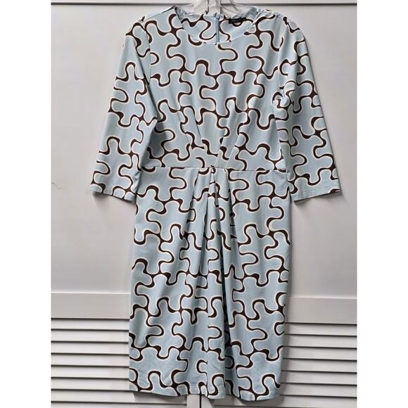 J McLaughlin Medium Blue Brown Sheath Midi Dress 3/4 Slv Jigsaw Mia Catalina - Picture 1 of 7